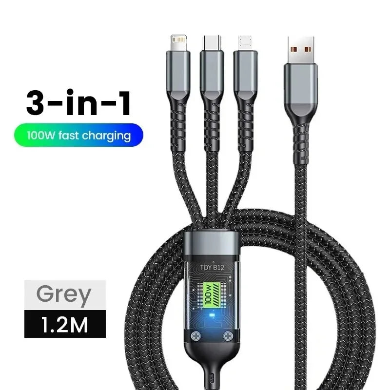 3 in 1 100W USB A Cable Fast Charging Micro USB Data Cord Phone Charger Quick Charge Cable For iPhone Samsung Xiaomi Huawei
