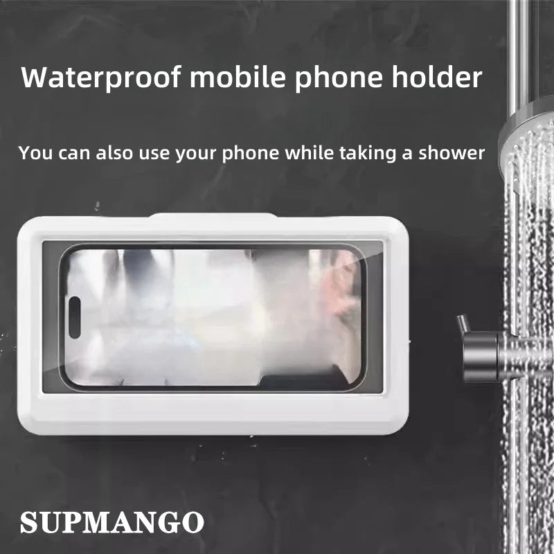 Bathroom Waterproof Phone Holder Home Wall Phone Case Stand Box Self-adhesive Touch Screen Phone Bracket Shower Sealing Storage
